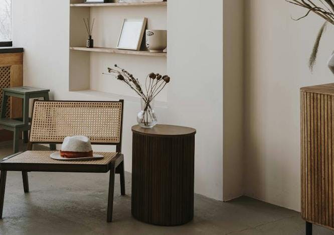 interior design indoors corner table furniture plant wood hat potted plant bench