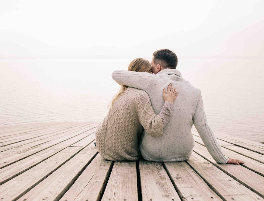 love,romance,couple,woman,young,back,enjoy,winter,blonde,beautiful,pier,view,fall,romantic,vacation,man,female,together,sit,nature,girl,people,outdoors,outside,affection,sunset,hug,family,feelings,lake,male waterfront water person