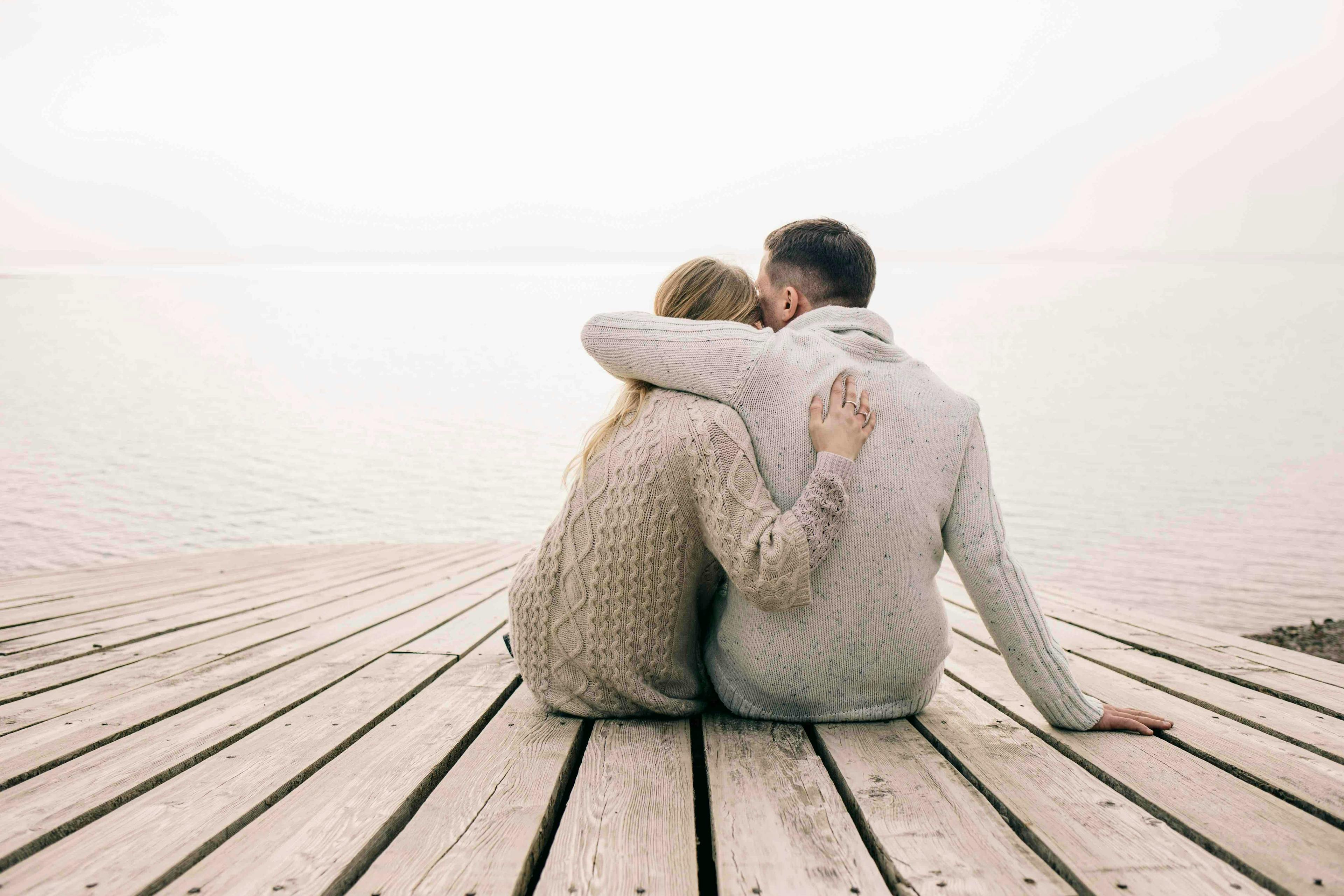 love,romance,couple,woman,young,back,enjoy,winter,blonde,beautiful,pier,view,fall,romantic,vacation,man,female,together,sit,nature,girl,people,outdoors,outside,affection,sunset,hug,family,feelings,lake,male waterfront water person