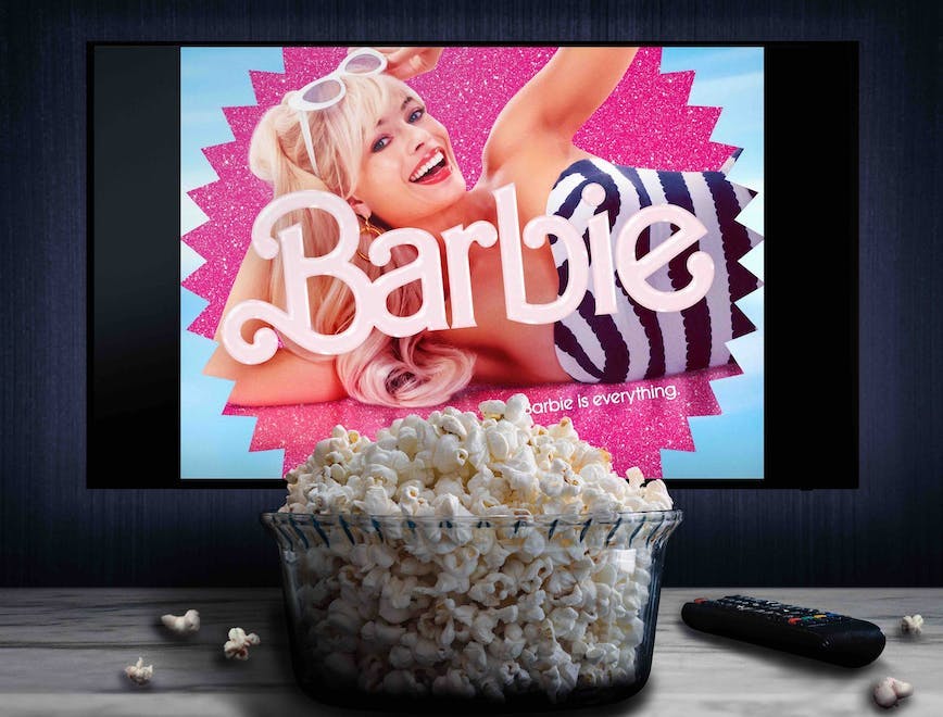 digital,editorial,margot,hollywood,movie,entertainment,popcorn,relax,snack,television,illustrative editorial,control,technology,barbie,bowl,watching,room,home,tv screen,multimedia,series,cinema food popcorn person advertisement