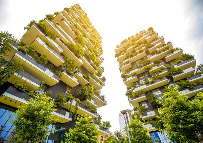 Two buildings with plants integrated into the façade. Bosco Vertical in Milan, Italy