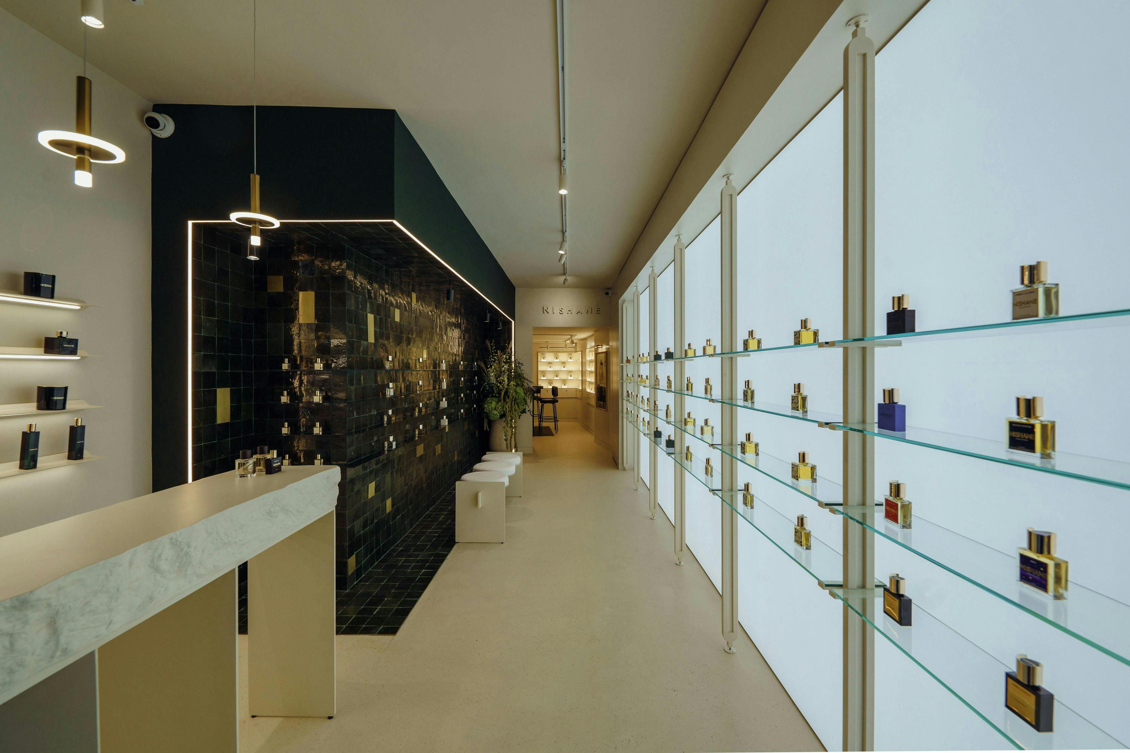 shelf lamp indoors interior design shop plant bottle cosmetics perfume